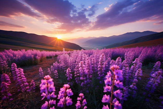 a beautiful field with purple flowers and mountains in the background