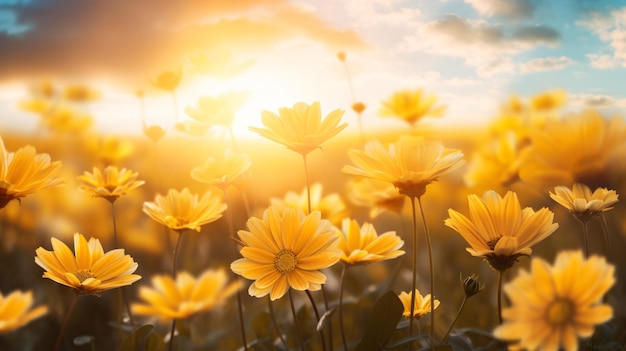 A beautiful field of yellow flowers with a stunning blossum