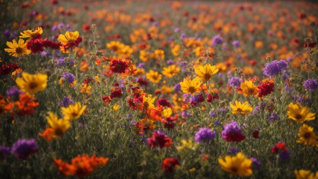 A beautiful field of yellow red and purple wildflowers in bloom