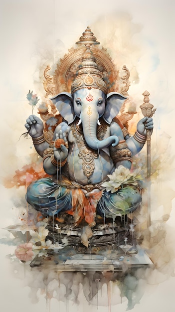 Beautiful fine art painting of hindu god Ganesha Watercolor style God of fortune Mobile wallpaper