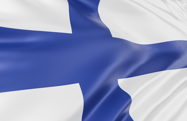 Beautiful Finland Flag Wave Close Up on banner background with copy space.,3d model and illustration.