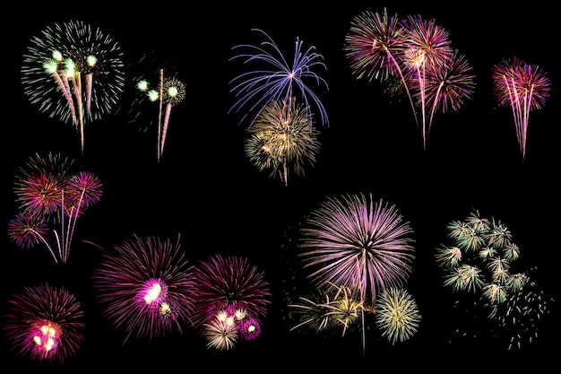 Beautiful firework display for celebrationColorful fireworks of various colors over night sky characteristics