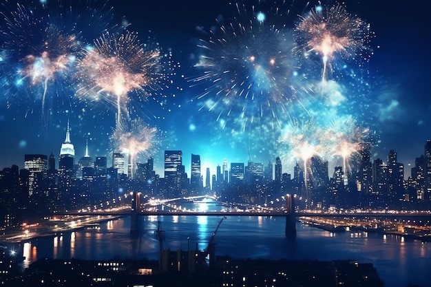 Beautiful firework show with cityscape at night for celebration happy new year Firework display