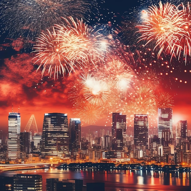 Beautiful firework show with cityscape at night for celebration happy new year Firework display