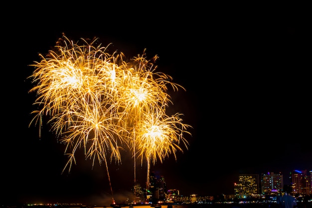 Beautiful fireworks display on the sea beach, Amazing holiday fireworks party