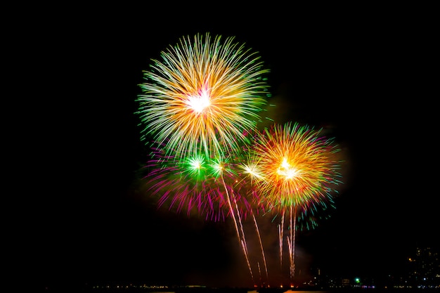 Beautiful fireworks display on the sea beach, Amazing holiday fireworks party