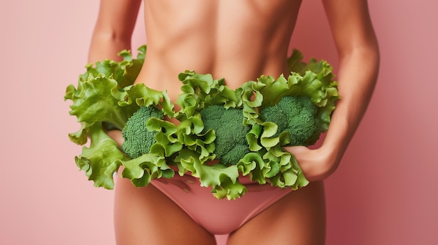 A beautiful fit healthy woman with fair skin wearing short jeans showcasing her hips and abdomen with green leafy vegetables wrapped around her hips