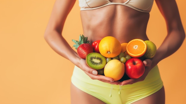 A beautiful fit healthy woman with fair skin wearing short jeans showcasing her hips and abdomen with a variety of fruits wrapped around her hips