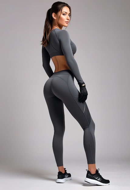 Beautiful fitness woman wearing charcoal gray gym suit