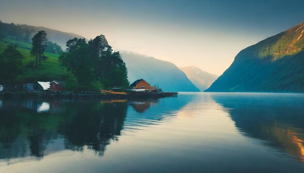 Photo beautiful fjords fiords in evening sea and forest clean nature environment