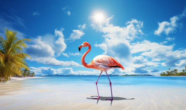 Beautiful flamingo walking on the beach sea background shadow reflection