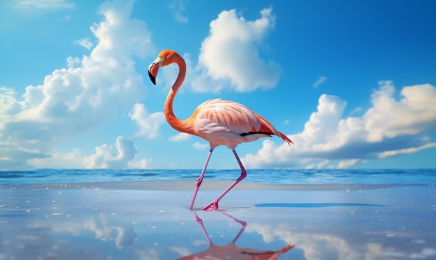 Beautiful flamingo walking on the beach sea background shadow reflection