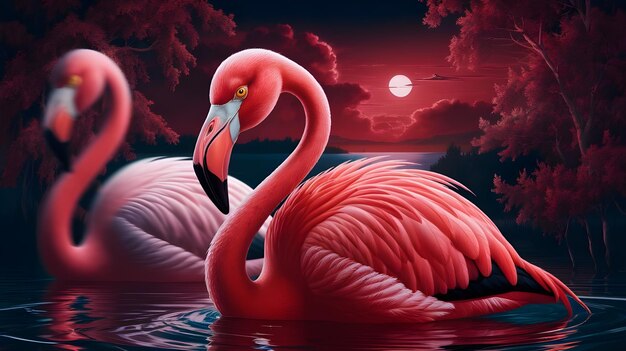 Beautiful Flamingos in a lake with a wonderful background