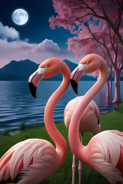 A beautiful Flamingos in a lake with a wonderful background