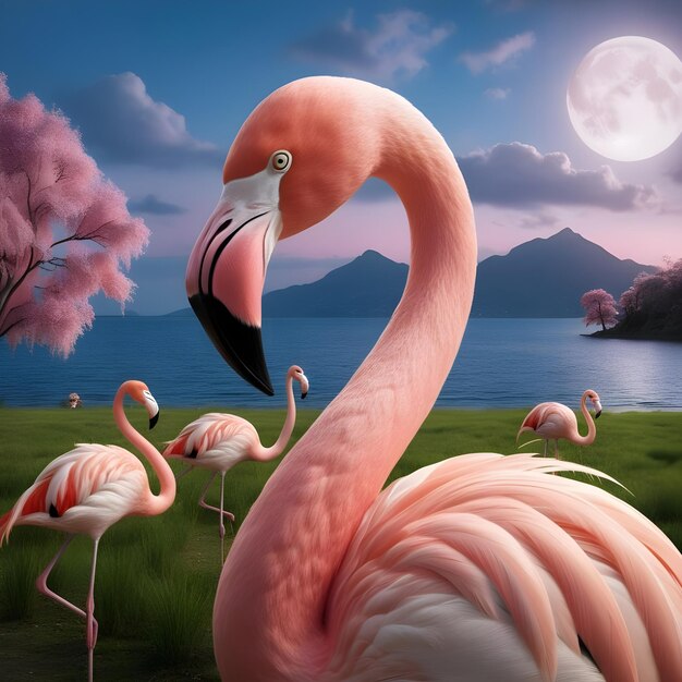 Photo a beautiful flamingos in a lake with a wonderful background