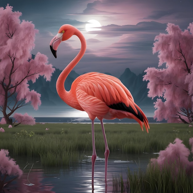 Beautiful Flamingos in a lake with a wonderful background