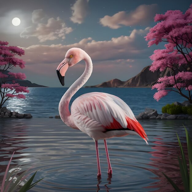 Beautiful Flamingos in a lake with a wonderful background