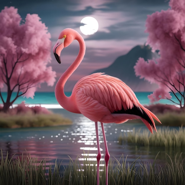 Beautiful Flamingos in a lake with a wonderful background