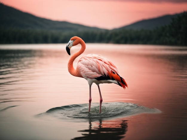 Beautiful flamingos in lake