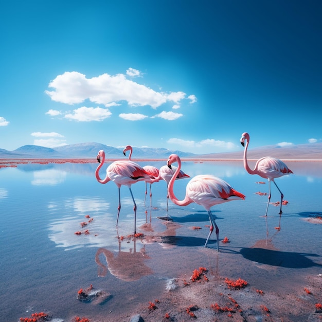 Beautiful flamingos on the sandy beach Generative AI