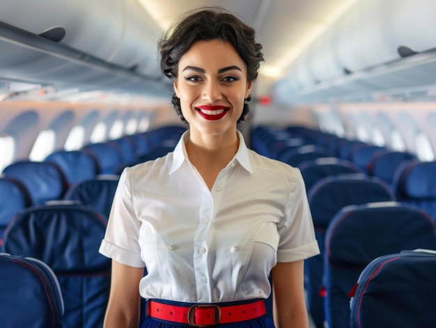 Photo a beautiful flight attendant detailed face and beautiful face on an airplane stands smiling wearing