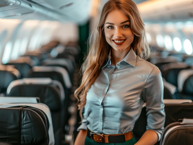 A beautiful flight attendant detailed face and Beautiful face on an airplane stands smiling wearing