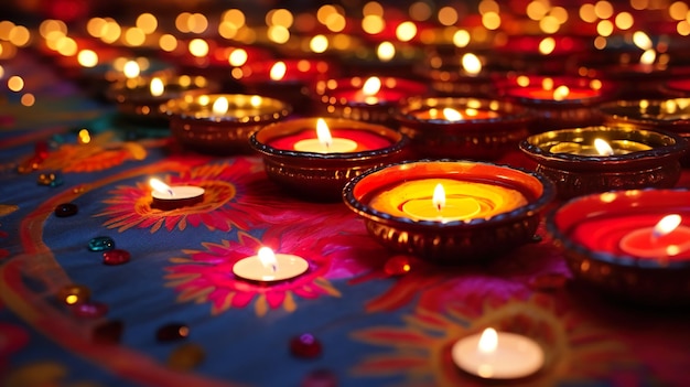 Beautiful Floor Decoration of Diwali with Diya and Rangoli Celebration of Diwali with lights