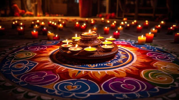 Beautiful Floor Decoration of Diwali with Diya and Rangoli Celebration of Diwali with lights