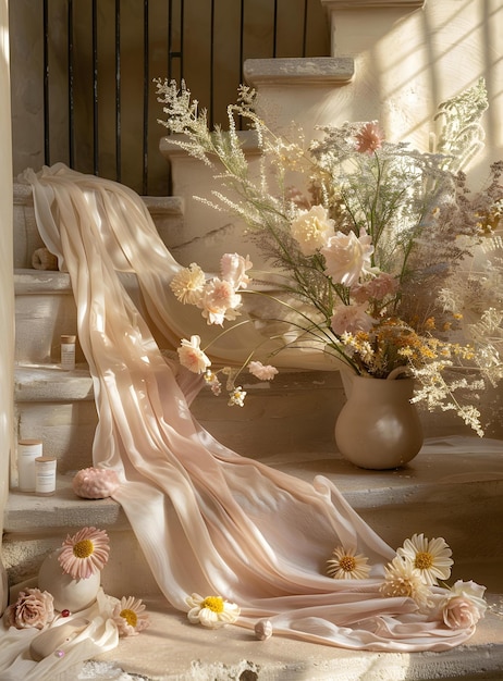 Photo beautiful floral arrangement with sheer fabric on stone stairs