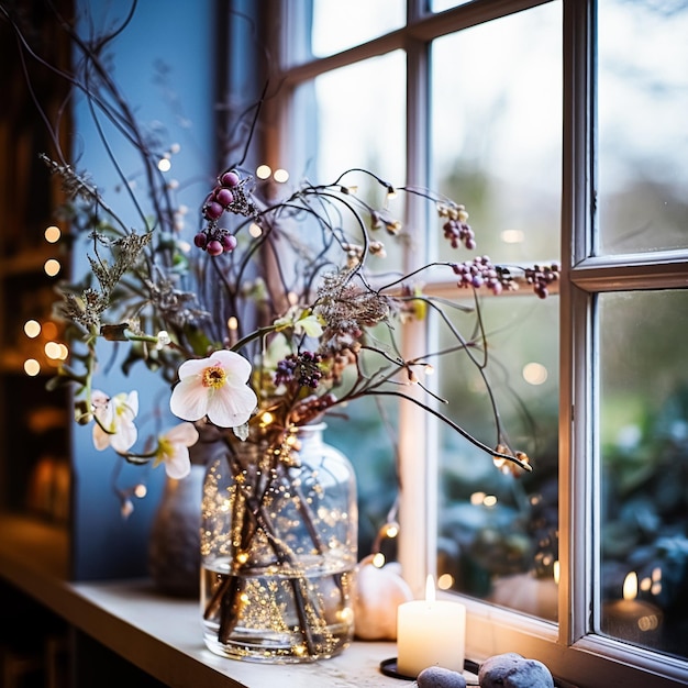 Photo beautiful floral arrangement with winter autumn or early spring botanical plants and flowers