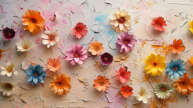 Beautiful floral background old plaster wall with flowers