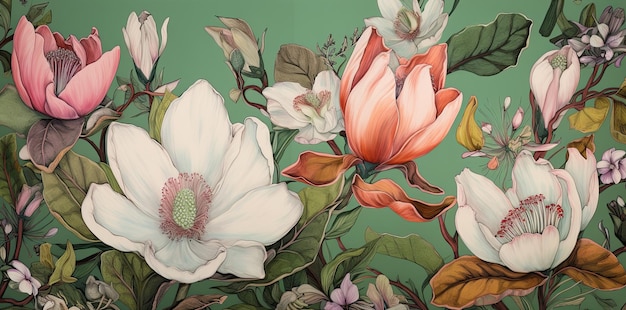 Beautiful floral botanical pattern with magnolia flowers Spring concept Generative AI