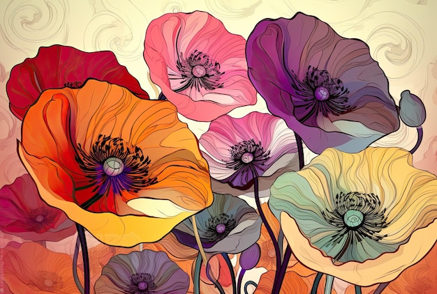 Beautiful floral botanical pattern with poppy flowers on a white background Spring concept Generative AI