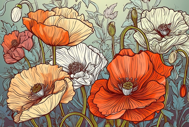 Beautiful floral botanical pattern with poppy flowers on a white background Spring concept Generative AI