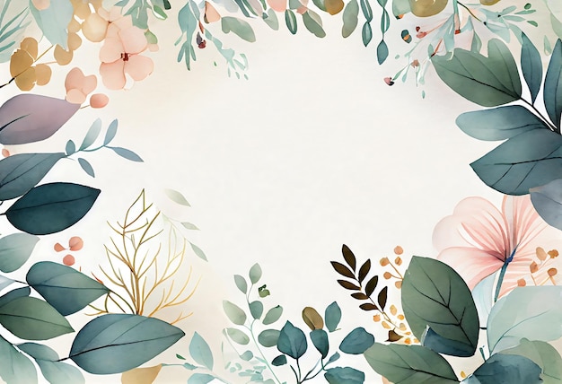 Beautiful A floral frame watercolor Background with flowers and green leaves Generative ai