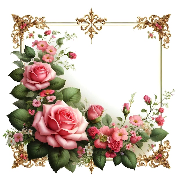 A beautiful floral frame with pink roses green leaves and small flowers adorning the corners