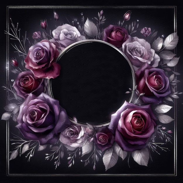 Photo beautiful floral frame with purple and pink roses on a dark background