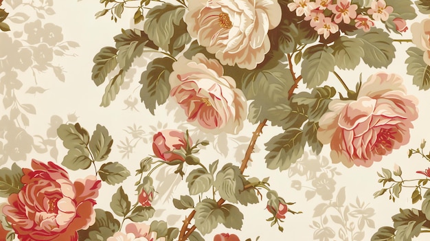 Photo a beautiful floral pattern with large pink and red roses and green leaves on a cream background