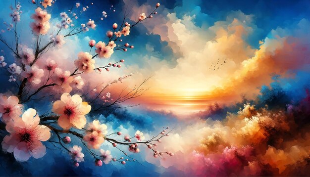 Beautiful floral spring abstract background of nature Branches of blossoming Cherry Blossom Trees