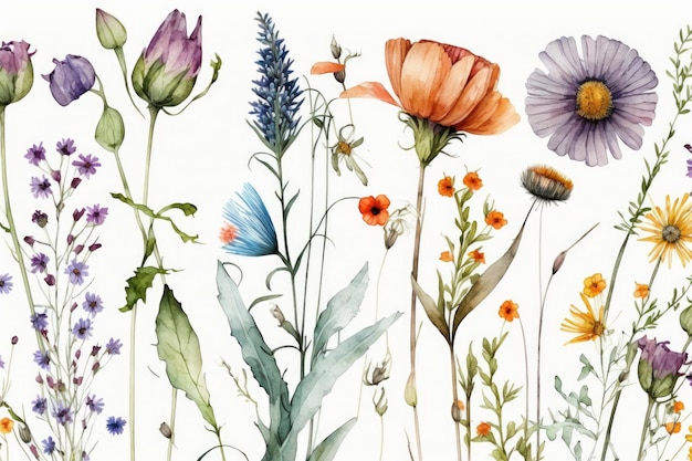 Beautiful floral summer seamless pattern with watercolor Illustration AI Generative