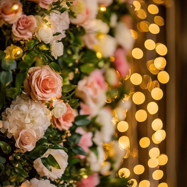 Photo beautiful floral wall with twinkling lights at a festive celebration