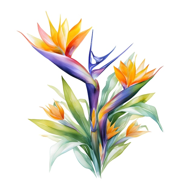 Beautiful floral watercolor bouquet illustration bird of paradise flowers