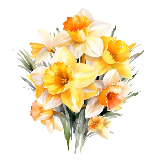 Beautiful floral watercolor bouquet illustration of daffodil flowers