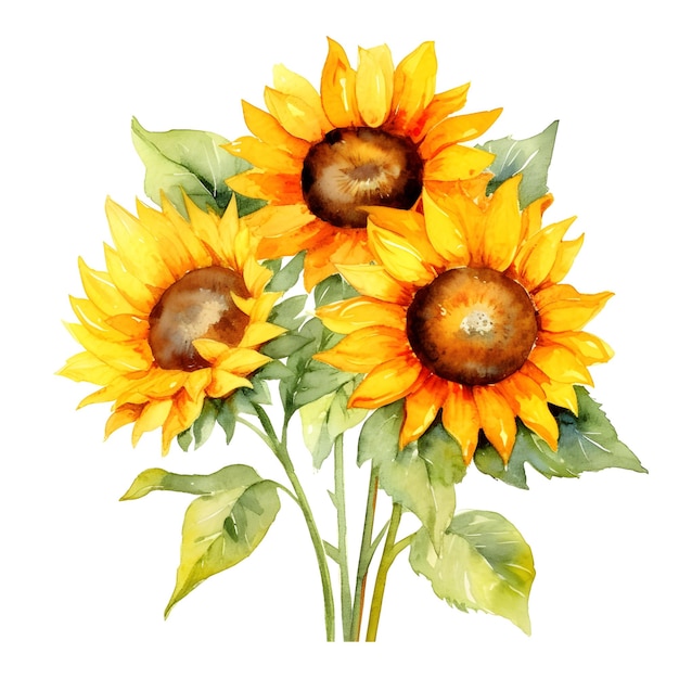 Beautiful floral watercolor bouquet illustration of sunflowers