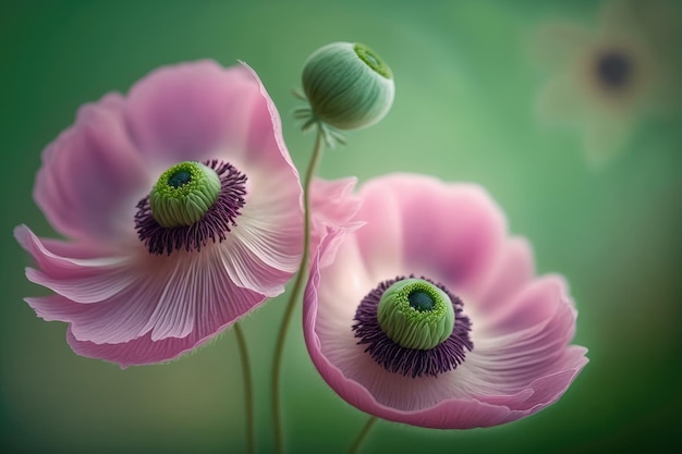 Beautiful Flower Anemones on Soft Green Background Spring Theme