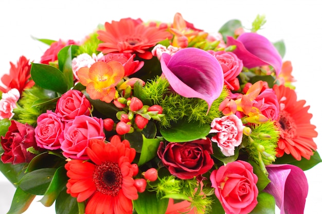 Beautiful flower basket on a table. Beautiful bouquet of colorful flowers