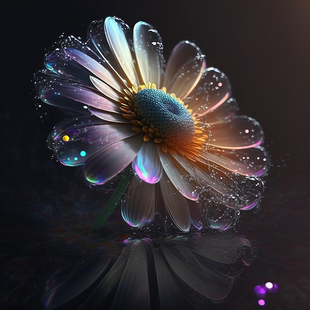 Beautiful flower daisy and water drop on black background Created with Generative AI technology