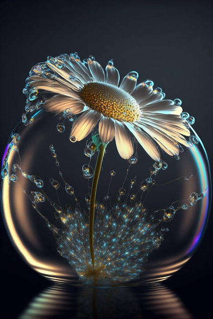 Beautiful flower daisy and water drop on black background Created with Generative AI technology