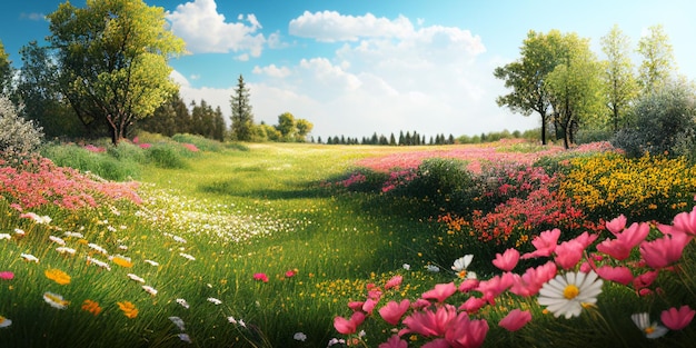 Beautiful flower field meadow in spring and blue sky on a sunny day generative AI