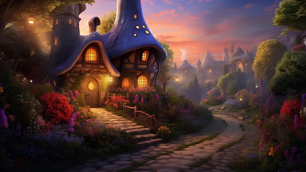 Beautiful flower garden hidden fairy house fantasy image AI generated art